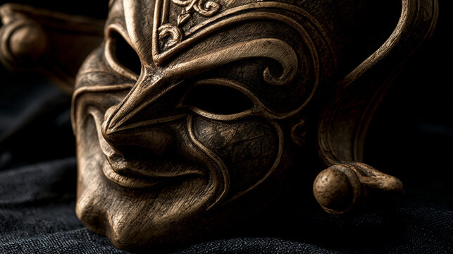 upturned. A classic theatrical jester mask with a sly smile, dramatic lighting. event programs, museum guides, designed for cultural heritage projects and event programs, elevates cultural identity.