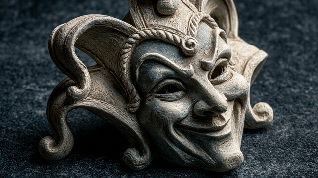 upturned. A classic theatrical jester mask with a sly smile, dramatic lighting. event programs, museum guides, designed for cultural heritage projects and event programs, elevates cultural identity.