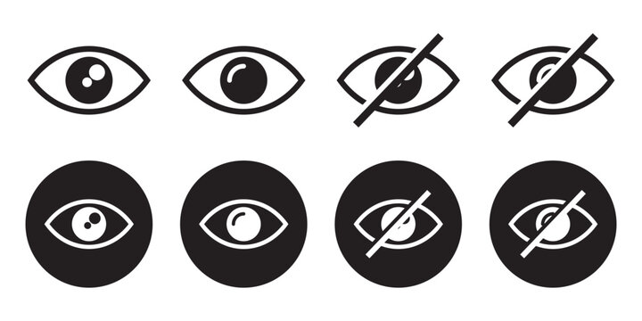 Minimalist eye see and unsee vector icon set. Hide and unhide symbol. Data privacy and sensitive content sign. Eye icon for vision, sight, view, observation, security, and visibility concepts. Eps10. 