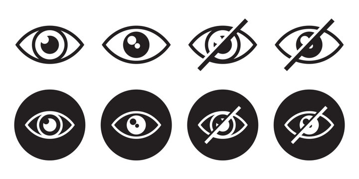 Minimalist eye see and unsee vector icon set. Hide and unhide symbol. Data privacy and sensitive content sign. Eye icon for vision, sight, view, observation, security, and visibility concepts. Eps10. 