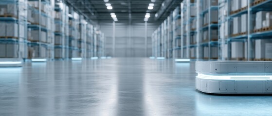 Obraz premium Futuristic smart warehouse with robots and holograms, cyber industrial atmosphere
