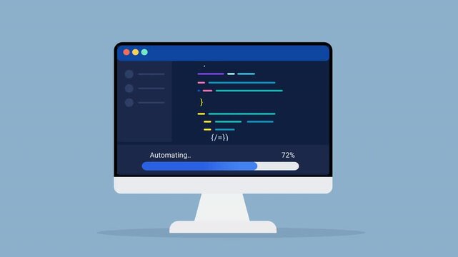 Animated flat vector illustration of a desktop monitor displaying source code, automation status, and progress tracking. Modern software development and programming workflow concept.