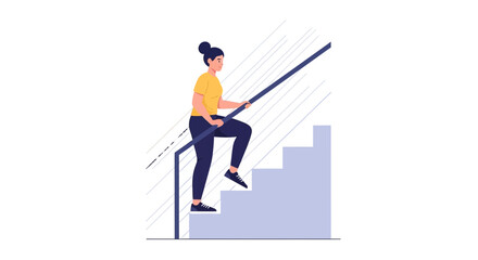 Fototapeta premium Woman climbing stairs, symbolizing progress, fitness, and achievement. Modern flat illustration with clean lines and a simple color palette.