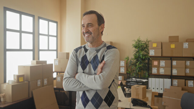 Man with arms crossed beside stacked cardboard boxes in a parcel office building; small business pride.