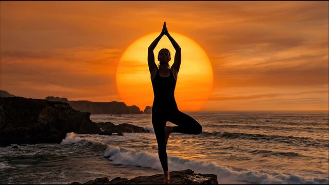 Woman practicing yoga tree pose on coastal rocks during dramatic sunset with large sun background.