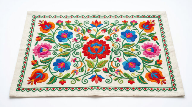 Vibrant hungarian floral embroidery pattern on white fabric displaying colorful thread work and traditional folk motifs
