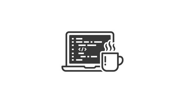 A minimalist icon featuring a laptop displaying code next to a steaming cup of coffee.