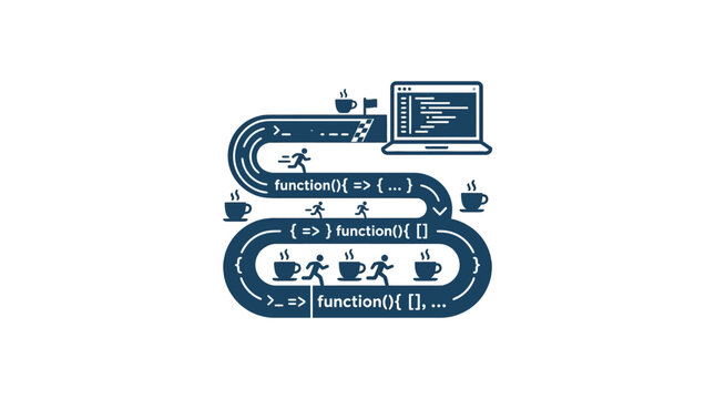 A conceptual illustration of software development workflow featuring code snippets and coffee.