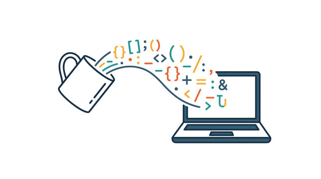 A coffee mug pouring colorful programming code symbols into a laptop screen.