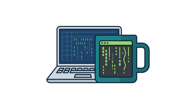 A stylized illustration of a laptop computer combined with a coffee mug displaying code.