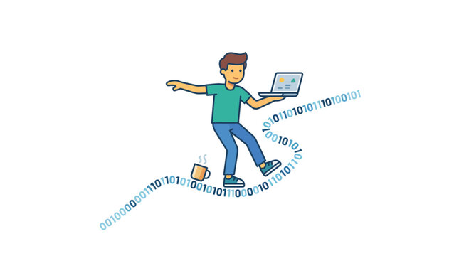 A young man balancing on a stream of binary code while holding a laptop.