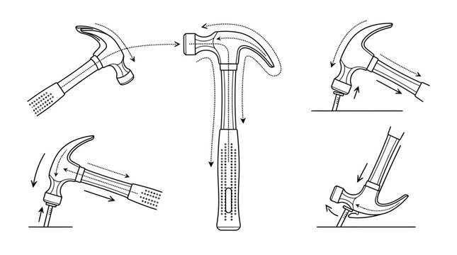 Sequential diagrams showing hammer striking and pulling nails.