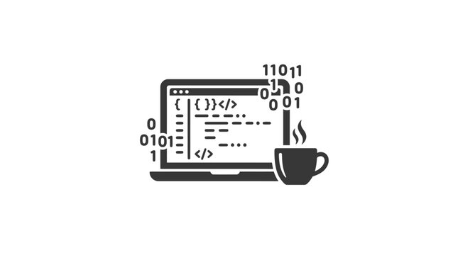 A minimalist icon featuring a laptop computer with code and a steaming coffee cup.