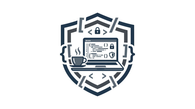 Cybersecurity shield emblem featuring a laptop and coffee cup for software development.