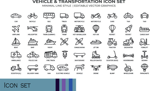 Print Vehicle and Transportation Icon Set - Minimalist Line Style Vector Asset Pack Featuring Public Transit Commercial Logistics Aviation Maritime and Urban Smart Mobility Symbols