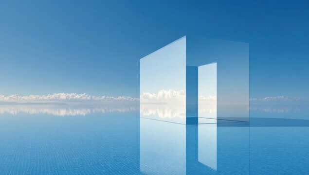 Abstract Reflection of Geometric Shapes on a Calm Water Surface Under a Blue Sky.