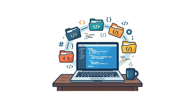 A laptop computer displaying code surrounded by floating digital file folders and programming icons.
