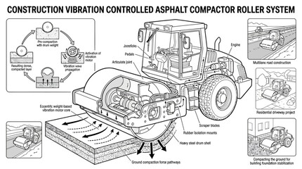 Obraz premium Vibration controlled asphalt compactor roller system technical drawing.