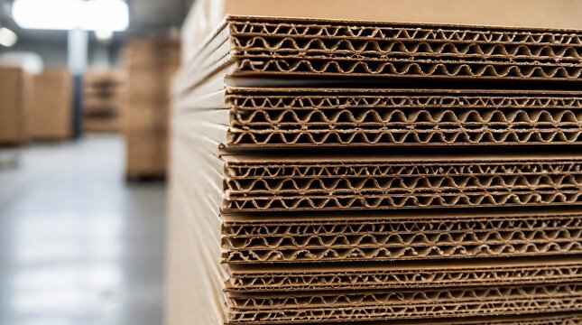 Stacked corrugated cardboard sheets in a warehouse.