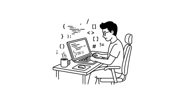 A young programmer working on a laptop with code symbols floating around.