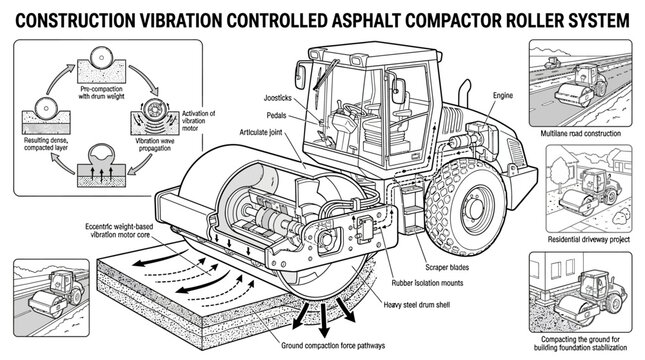 Vibration controlled asphalt compactor roller system technical drawing.
