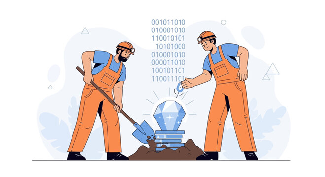 Digital Miners Discovering Cryptocurrency Treasure: Blockchain Technology Concept