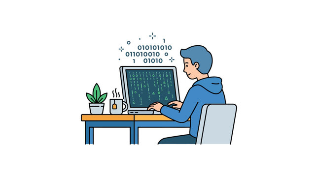 A young programmer sitting at a desk working on a computer with binary code floating above the screen.