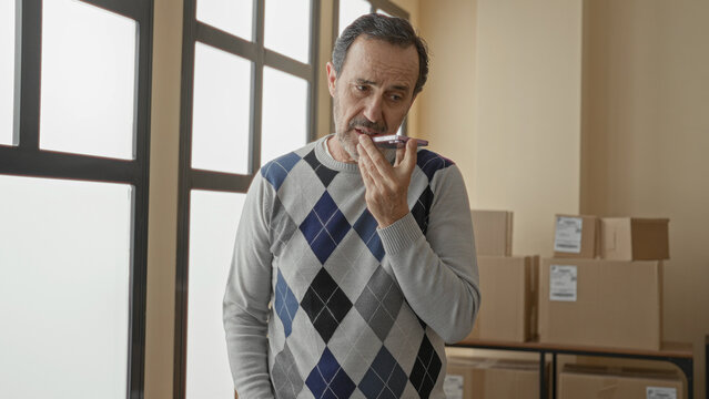 Man holding smartphone to mouth records voice note in building parcel office with stacked cardboard boxes and labels; small business concern.