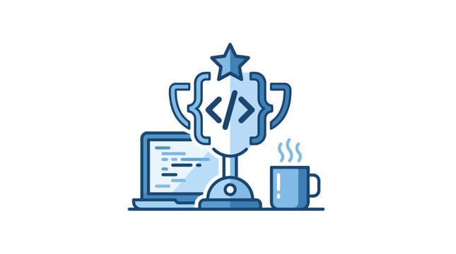An illustration of a coding trophy next to a laptop and a coffee mug.