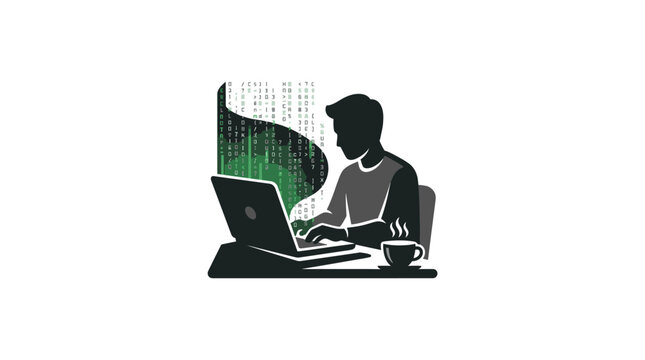 A silhouette of a person working on a laptop with a cup of coffee.