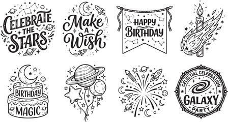 Celestial Birthday Typography Badges Set, Galaxy Party Lettering SVG Vector © Syed Radif