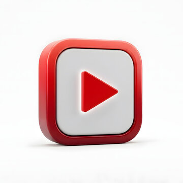 Glossy red and white play button icon rendered in a three dimensional high quality style
