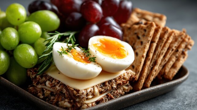 A visually appealing snack platter featuring boiled eggs, crunchy crackers, and an assortment of fresh grapes, ideal for a nutritious meal or appetizer.