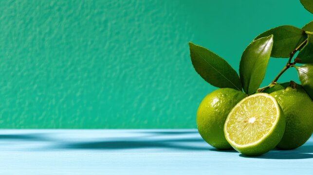 Bright, fresh limes showcased on a vibrant blue background, highlighting freshness, zest, and the culinary appeal of citrus fruits in a visually appealing composition.