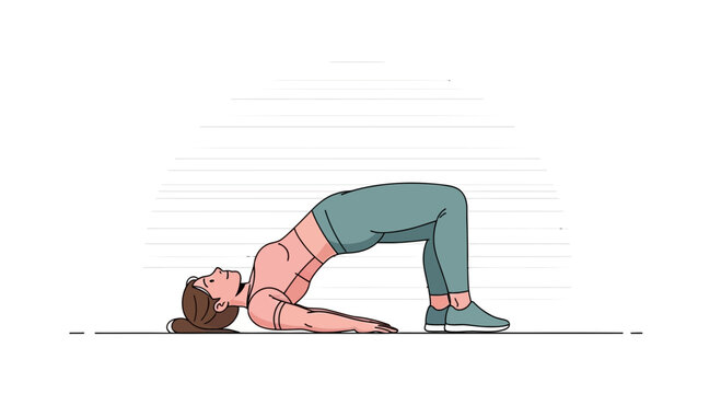 Woman performing a glute bridge exercise in a minimalist vector illustration style, fitness and wellness concept.