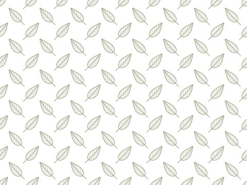 High density seamless pattern filled with small diagonal green leaves line art on white backdrop.