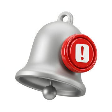Silver notification bell icon featuring a bright red alert badge with a white exclamation mark symbol