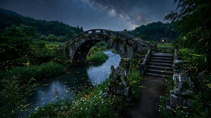 Fototapeta premium A magical summer night by a Japanese river filled with glowing fireflies under a starry Milky Way sky, featuring an ancient stone bridge and traditional stone guardian dog statues.