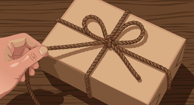 Gift wrapping a package with twine a vector illustration of a hand tying a bow on a brown cardboard box for shipping or presents