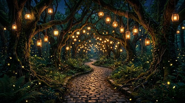 Enchanted forest path features numerous hanging vintage oil lanterns that cast a warm golden glow over the weathered cobblestone walkway surrounded by ancient mossy trees and magical sparkling firefly
