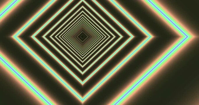 Abstract neon light tunnel with glowing diamond shaped frames, fast motion through a futuristic corridor of colorful light lines.