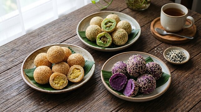 An appetizing close-up of three plates with assorted Indonesian tri-color onde-onde sesame seed balls showing sweet mung bean, pandan, and purple ubi fillings on a rustic wooden table.