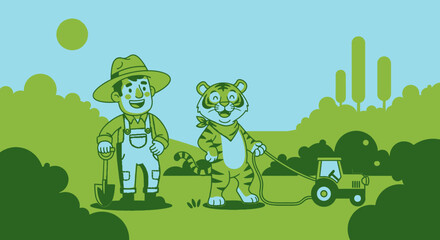 Fototapeta premium Cartoon farmer and tiger operating lawn mower in garden