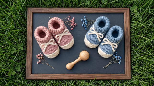 Pink and blue knitted baby booties with a wooden rattle on a slate board surrounded by lush green grass for a charming newborn announcement concept
