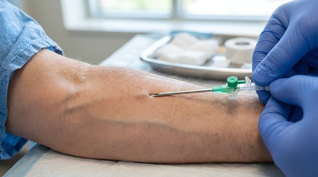 Nurse Inserting IV Needle into Patient's Arm for Medical Treatment