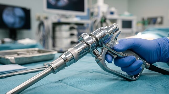 Surgeon holding surgical instrument in operating room, medical equipment blurry background