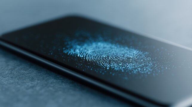Financial cybersecurity visualization with holographic fingerprint scanning technology identifying fraudulent activities and preventing unauthorized account access on a mobile device