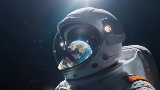 宇宙空間に浮かぶ宇宙飛行士のヘルメットと反射する地球