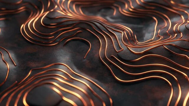 Abstract Engraved Metal Topography with Shiny Copper Lines on Dark Patina Light Reflection