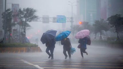 Fototapeta premium Typhoon storm rain wind pedestrians struggle walking weather extreme monsoon cyclone urban city street with people battling heavy rain and strong wind during severe typhoon landfall